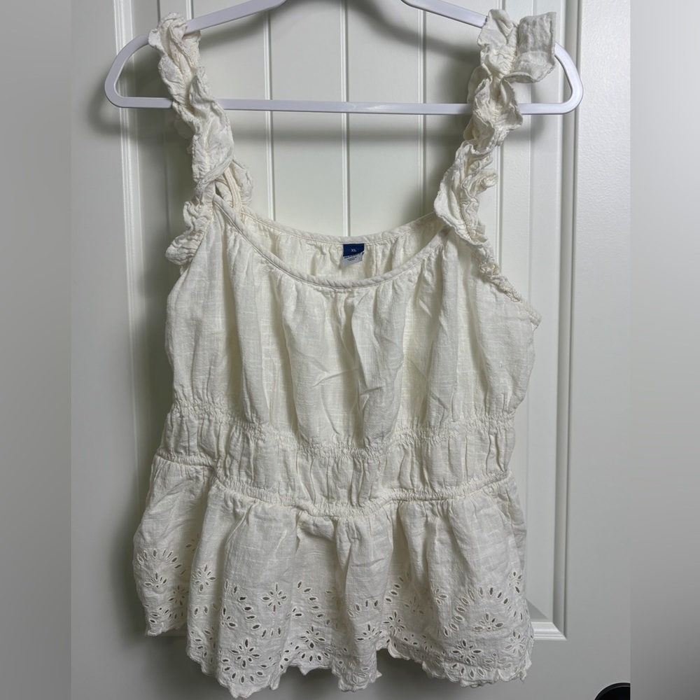 Women’s Off white Eyelet Ruffle Strap Tank Top